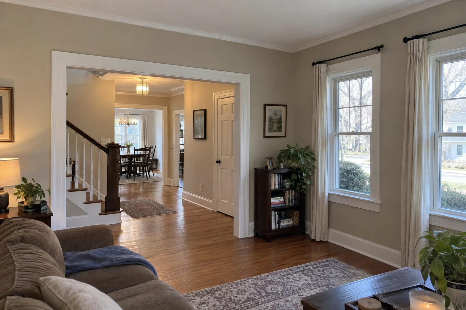 Warm neutral living room with white painted trim, crown molding and wide doorways.